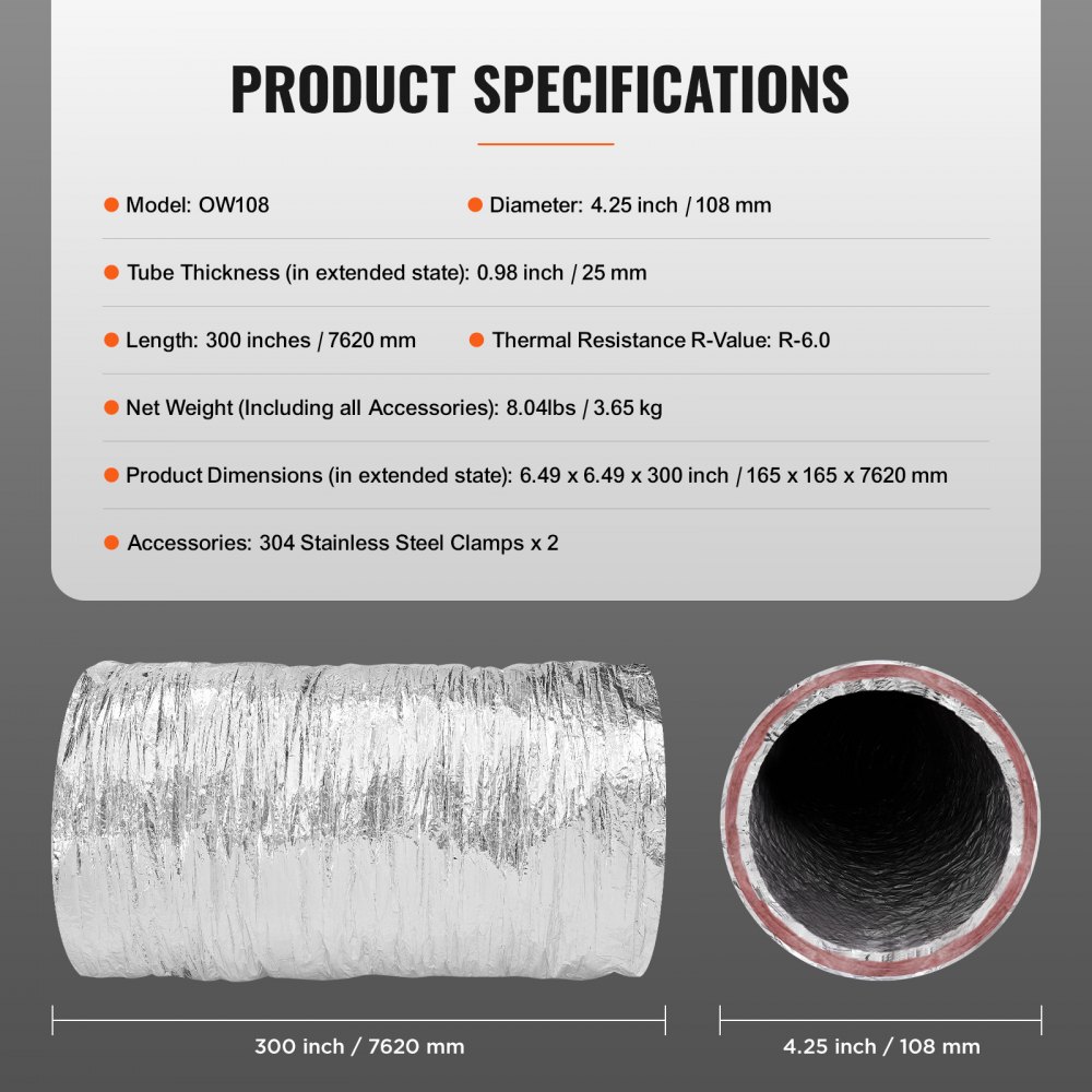 VEVOR dryer vent hose, 300 inches long, 4.25-inch diameter, 0.98-inch thickness, with stainless clamps.