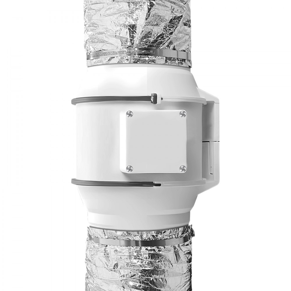 VEVOR dryer vent hose connected to a white ventilation system with silver foil insulation and clamps.