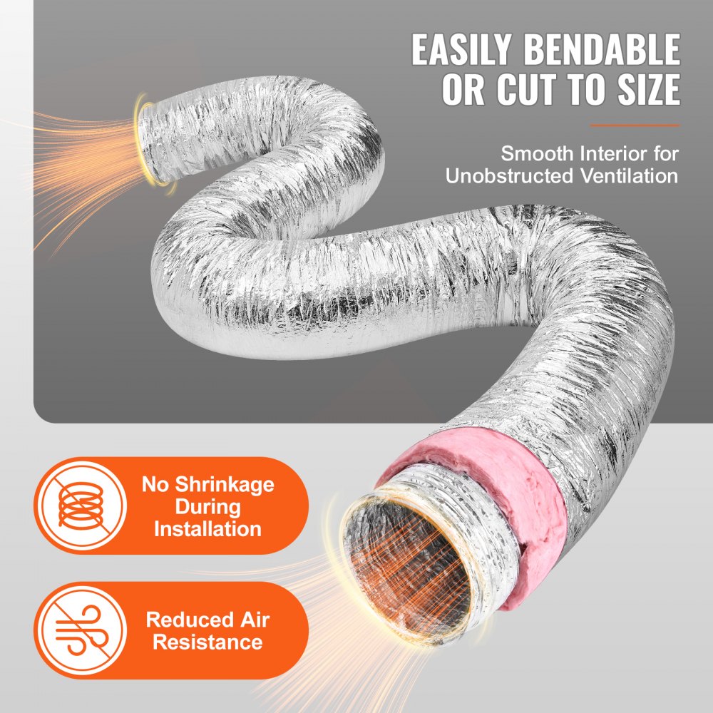 VEVOR Dryer Vent Hose, 101.6MM Insulated Flexible Duct 7.62M Long with 2 Duct Clamps, Heavy-Duty Three Layer Protection for HVAC Heating Cooling Ventilation and Exhaust, R-6.0 Flame Resistance Value