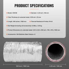 VEVOR Dryer Vent Hose, 101.6MM Insulated Flexible Duct 7.62M Long with 2 Duct Clamps, Heavy-Duty Three Layer Protection for HVAC Heating Cooling Ventilation and Exhaust, R-6.0 Flame Resistance Value