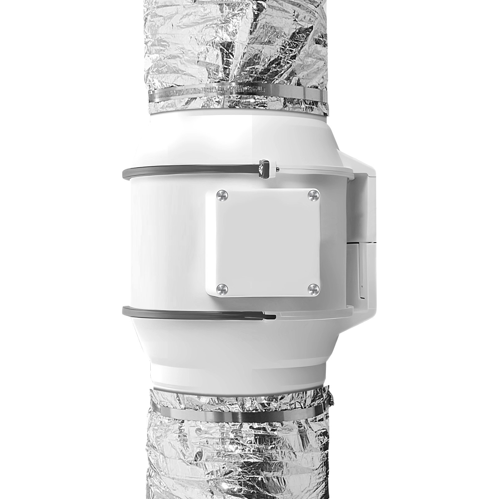 VEVOR dryer vent hose connected to a white ventilation system with silver foil insulation and clamps.
