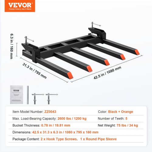 VEVOR 48" Clamp-On Debris Forks – 2600 Lb Capacity, Heavy Duty Bucket Attachment For Skid Steer & Tractor