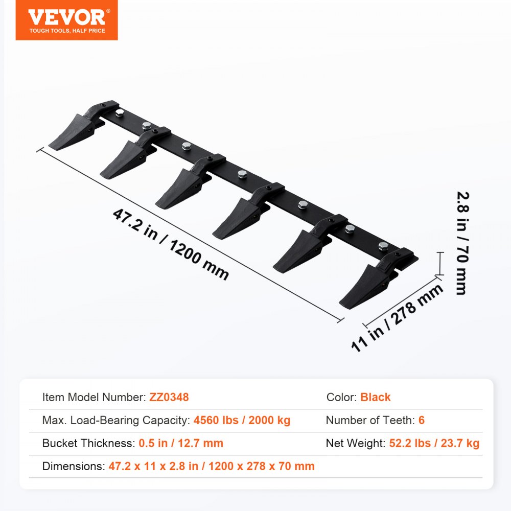 VEVOR Bucket Tooth Bar, 48'', Heavy Duty Tractor Bucket 6 Teeth Bar for Loader Tractor Skidsteer, 4560 lbs Load-Bearing Capacity Bolt On Design, for Efficient Soil Excavation and Bucket Protection