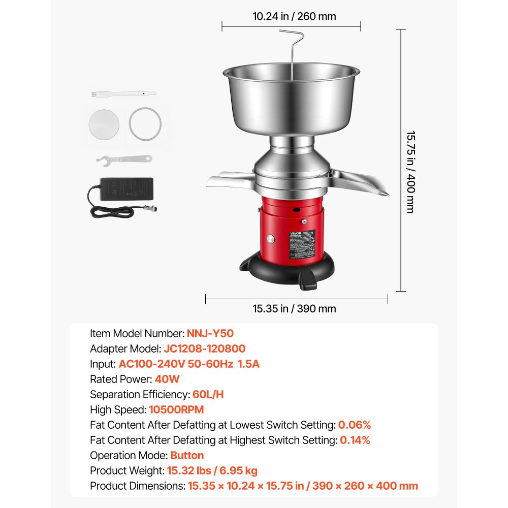 VEVOR Electric Milk Cream Separator, 60L/H Output 10500RPM Milk Cream Centrifugal Separator, 304 Stainless Steel Goat Cow Milk Skimmer Separating Machine with 4.5L Bowl Capacity (40W, 100-240V)