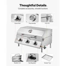 VEVOR Tabletop Gas Grill 3-Burner Portable Propane Grill Stainless Steel Outdoor