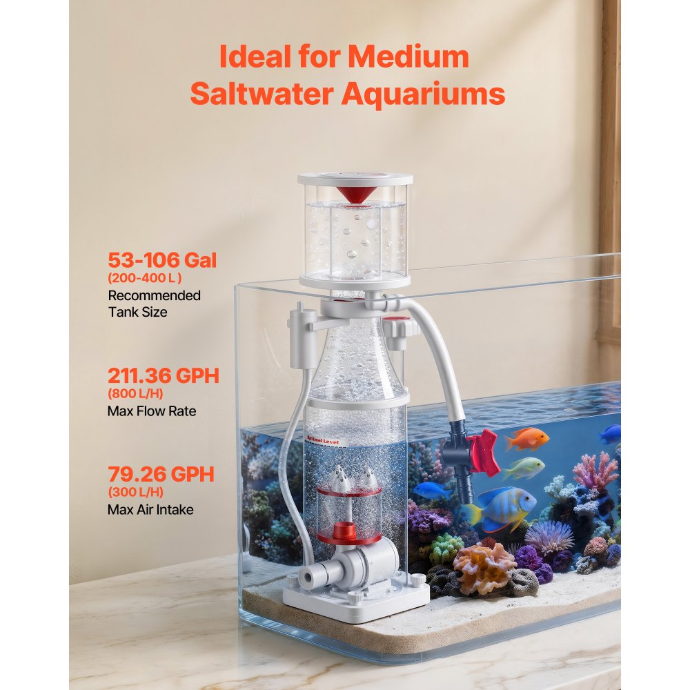 VEVOR Protein Skimmer for 200-400 L Saltwater Aquariums Internal with Pump, Protein Skimmer with DC Pinwheel Pump, Adjustable Control, Air Silencer, for 200-400 L Saltwater Aquariums & Fish Reef Tank