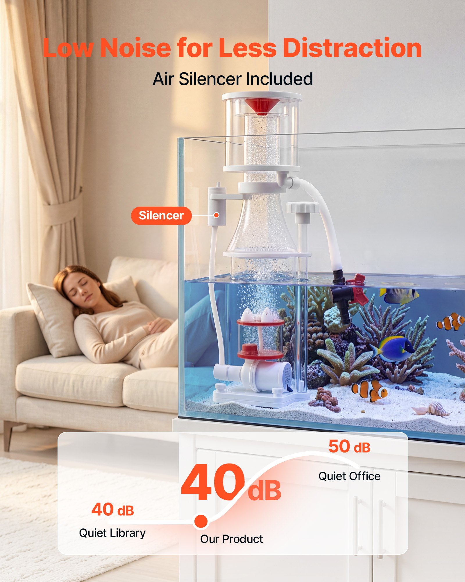 VEVOR Protein Skimmer for 200-400 L Saltwater Aquariums Internal with Pump, Protein Skimmer with DC Pinwheel Pump, Adjustable Control, Air Silencer, for 200-400 L Saltwater Aquariums & Fish Reef Tank