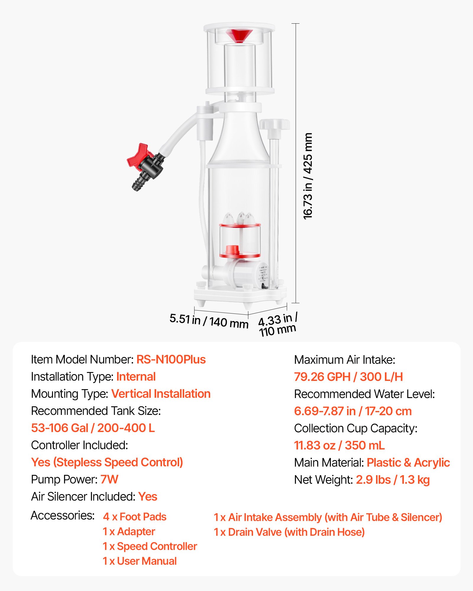 VEVOR Protein Skimmer for 200-400 L Saltwater Aquariums Internal with Pump, Protein Skimmer with DC Pinwheel Pump, Adjustable Control, Air Silencer, for 200-400 L Saltwater Aquariums & Fish Reef Tank