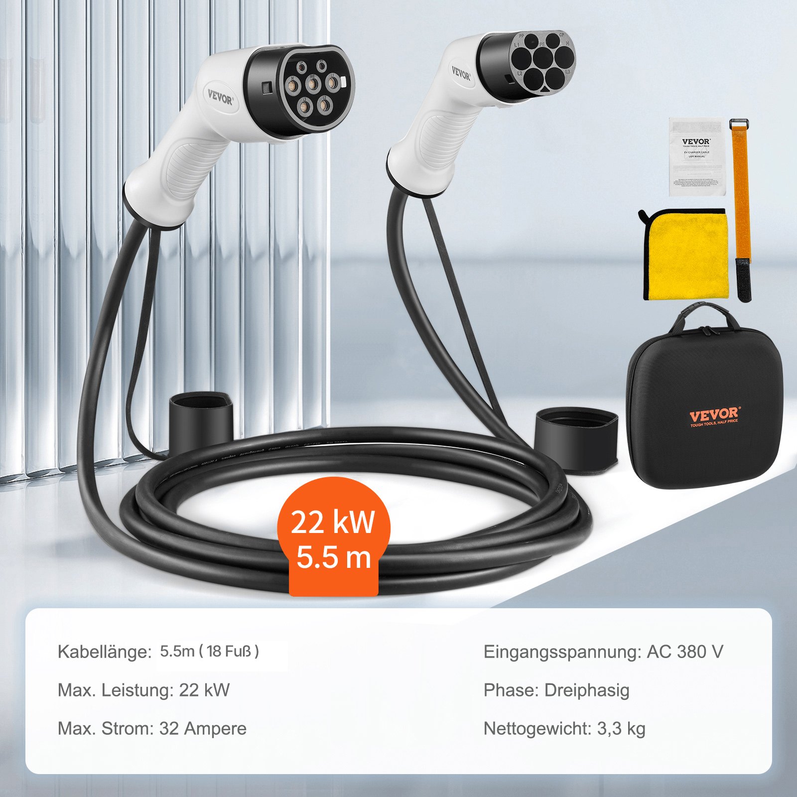 VEVOR Type 2 to Type 2 EV Charging Cable, 32Amp, 22kW 5 Meters Three Phase Electric Vehicle Car Charging Cable, IP66 Waterproof w Carry Bag, for IEC62196 EV & Plug-in Hybrid Electric Vehicle, CE&TUV