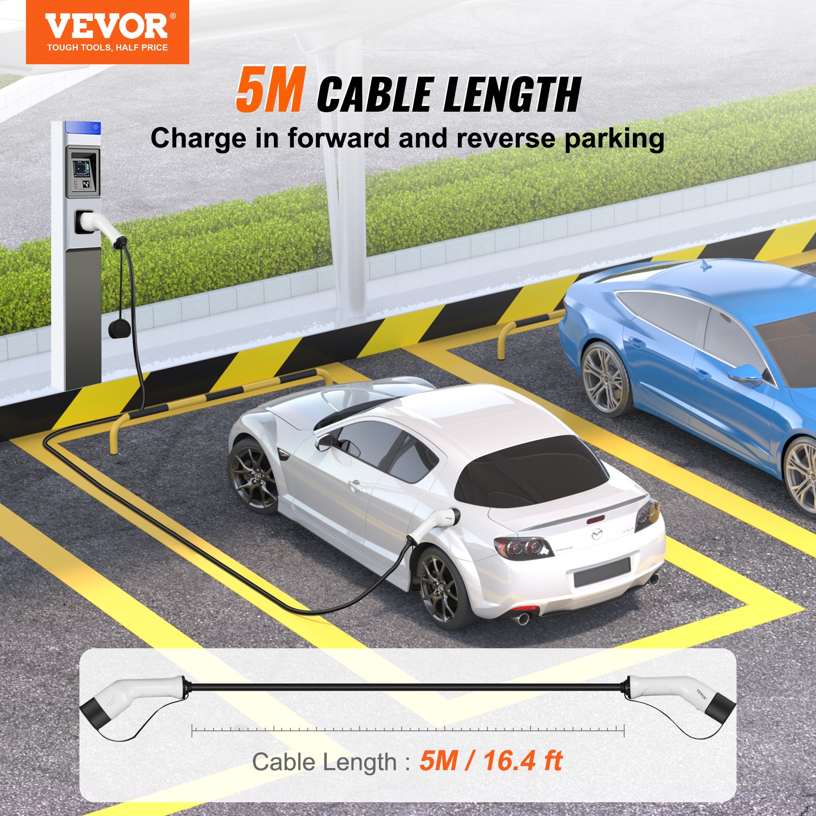 VEVOR Type 2 to Type 2 EV Charging Cable, 32Amp, 7kW 5 Meters Single Phase Electric Vehicle Car Charging Cable, IP66 Waterproof w Carry Bag, for IEC62196 EV & Plug-in Hybrid Electric Vehicle, CE&TUV