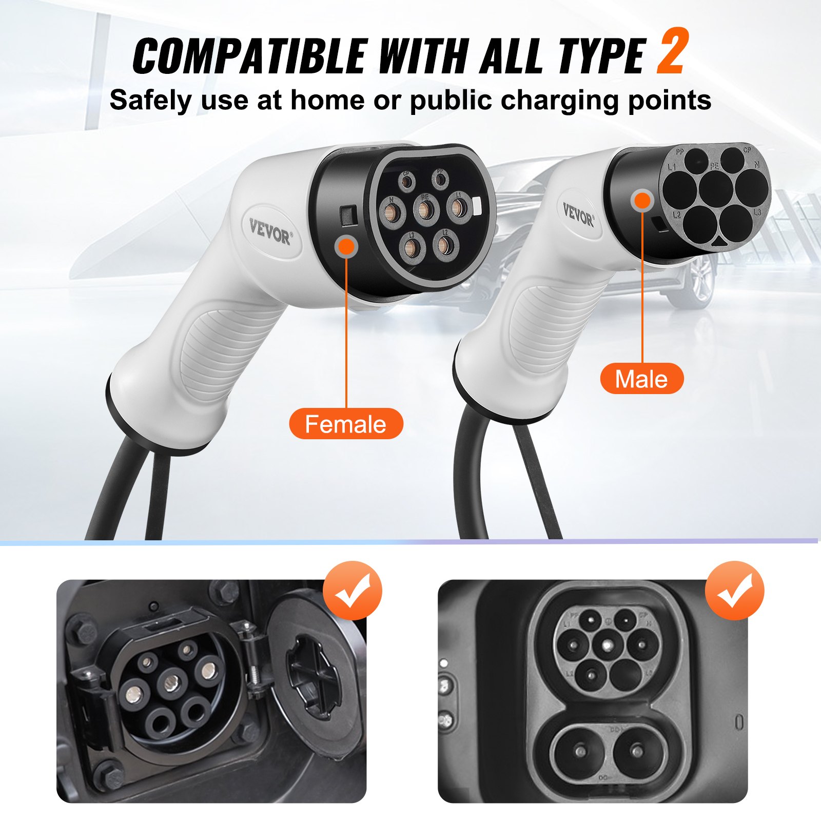VEVOR Type 2 to Type 2 EV Charging Cable, 32Amp, 7kW 5 Meters Single Phase Electric Vehicle Car Charging Cable, IP66 Waterproof w Carry Bag, for IEC62196 EV & Plug-in Hybrid Electric Vehicle, CE&TUV