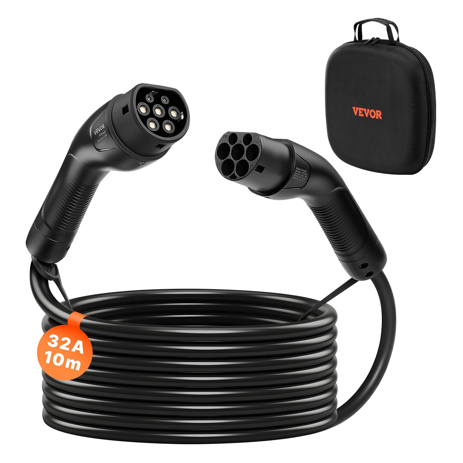 VEVOR EV Charger Extension Cable, 32Amp 10 m Max 22 kW Extension Cord Compatible with All Type 2 Electric Vehicle Chargers, 3-Phase AC 480V 50Hz IP65 Heavy Duty Car Charging Cable with Carrying Bag