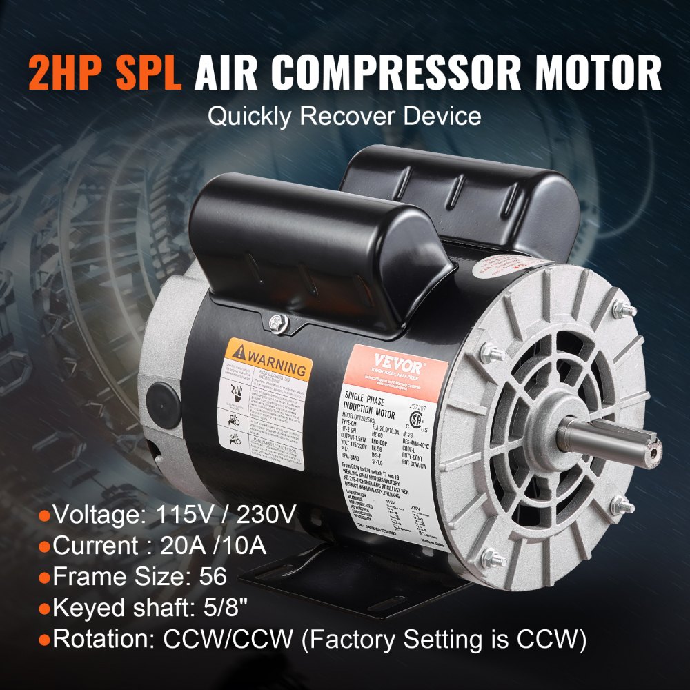 VEVOR 2HP SPL Air Compressor Electric Motor, 115/230V, 20/10 Amps, 56 Frame 3450RPM, 5/8" Keyed Shaft, 1.88" Shaft Length, Single Phase, CCW/CW (Factory Setting is CCW)
