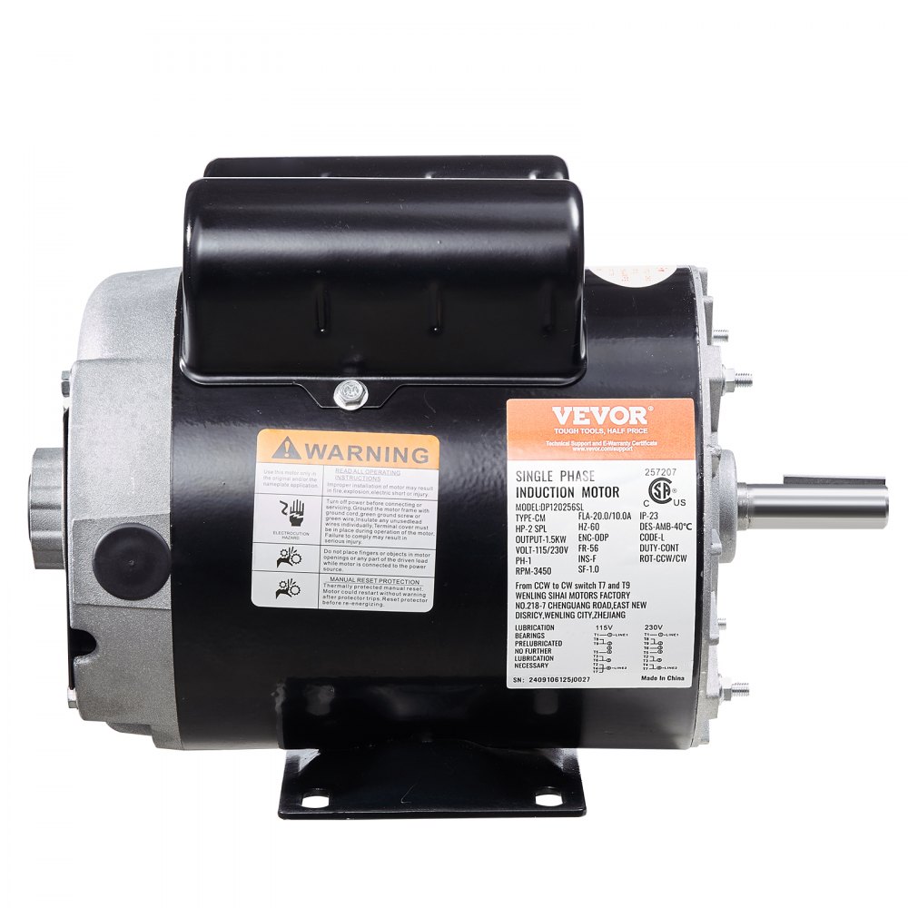 VEVOR 2HP SPL Air Compressor Electric Motor, 115/230V, 20/10 Amps, 56 Frame 3450RPM, 5/8" Keyed Shaft, 1.88" Shaft Length, Single Phase, CCW/CW (Factory Setting is CCW)
