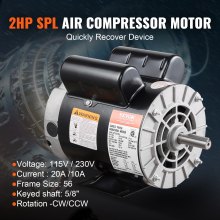 2HP SPL Air Compressor Motor 115/230V 20/10A 3450RPM 56 Frame CW/CCW Rotation