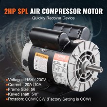 2HP SPL Air Compressor Motor 115/230V 20/10A 3450RPM 56 Frame CW/CCW Rotation (Factory Setting is CCW)