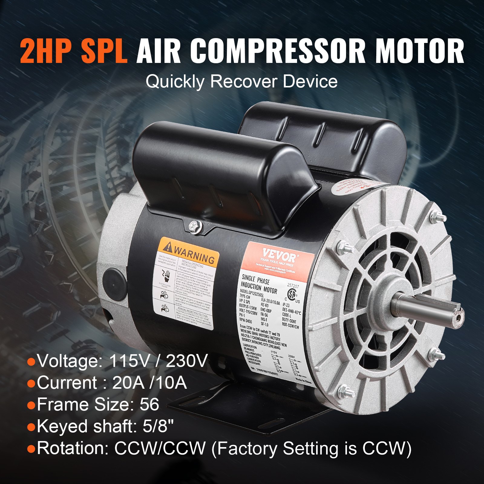 VEVOR 2HP SPL Air Compressor Electric Motor, 115/230V, 20/10 Amps, 56 Frame 3450RPM, 5/8" Keyed Shaft, 1.88" Shaft Length, Single Phase, CCW/CW (Factory Setting is CCW)