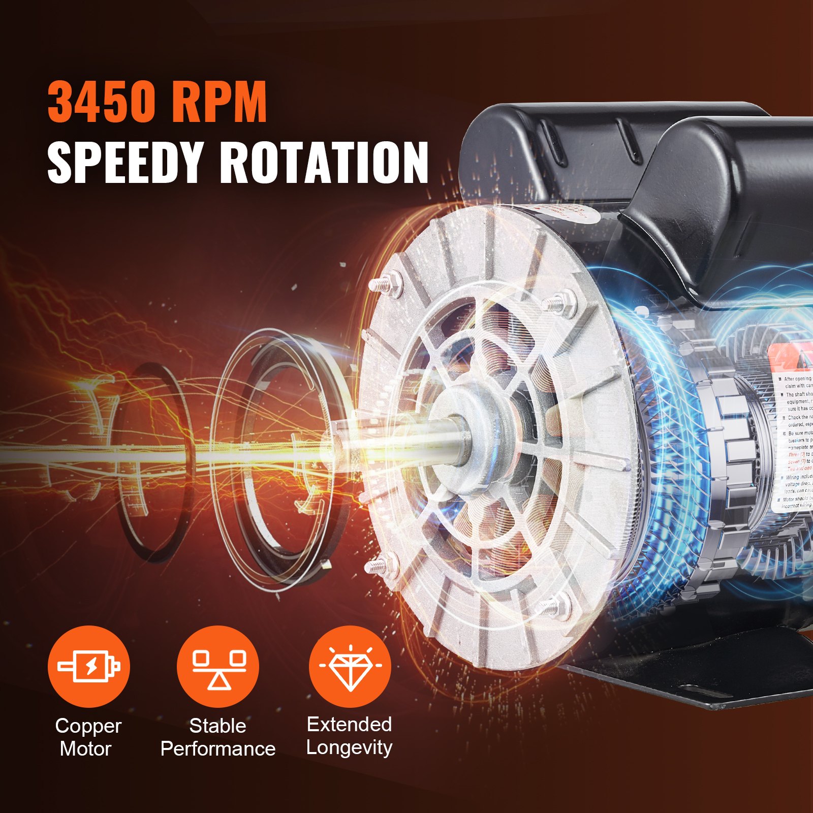 VEVOR 2HP SPL Air Compressor Electric Motor, 115/230V, 20/10 Amps, 56 Frame 3450RPM, 5/8" Keyed Shaft, 1.88" Shaft Length, Single Phase, CCW/CW (Factory Setting is CCW)