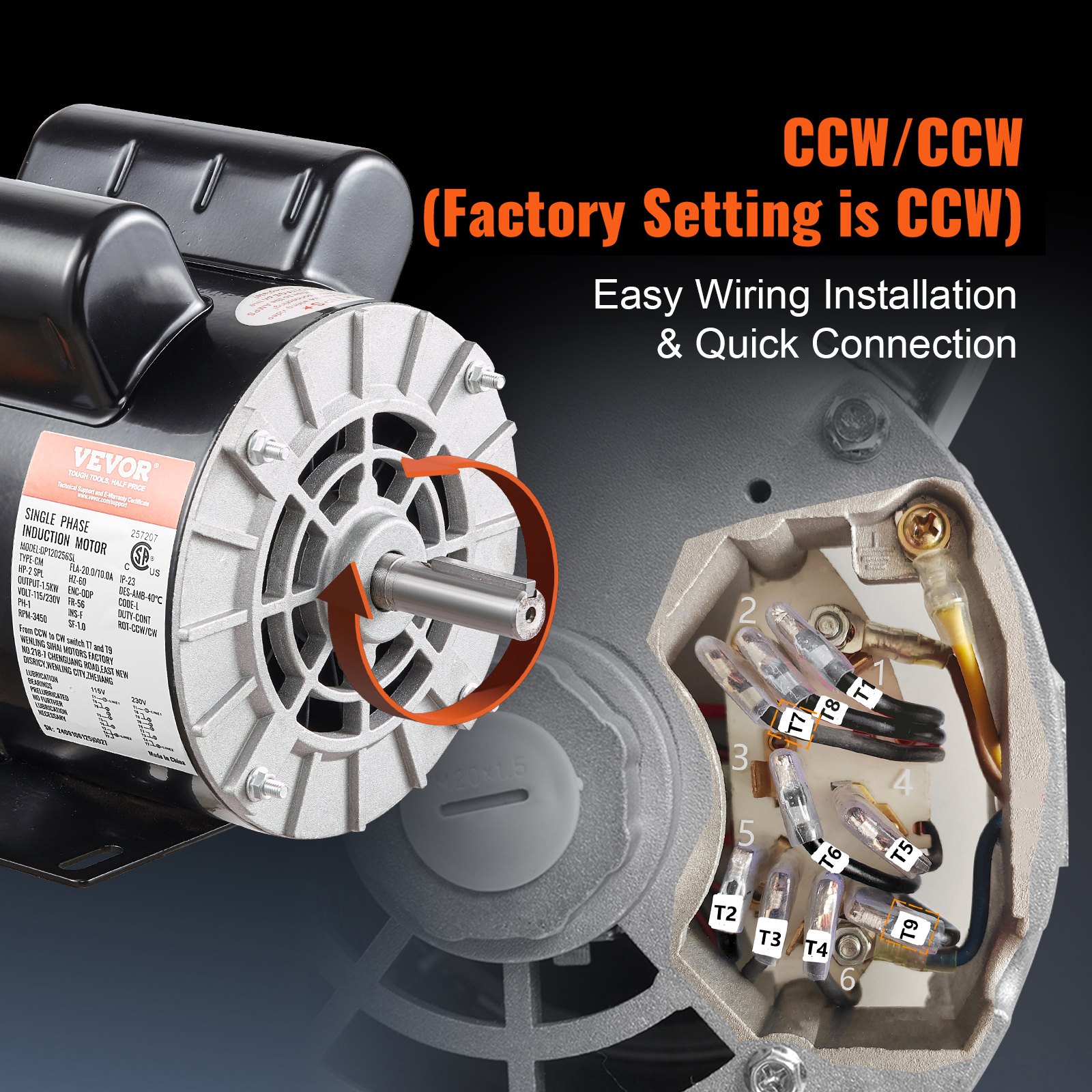 VEVOR 2HP SPL Air Compressor Electric Motor, 115/230V, 20/10 Amps, 56 Frame 3450RPM, 5/8" Keyed Shaft, 1.88" Shaft Length, Single Phase, CCW/CW (Factory Setting is CCW)