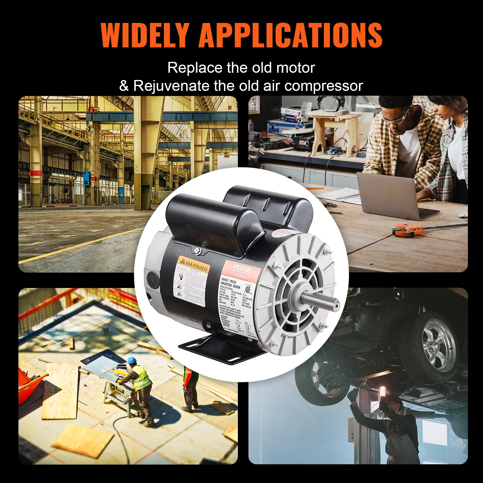 VEVOR 2HP SPL Air Compressor Electric Motor, 115/230V, 20/10 Amps, 56 Frame 3450RPM, 5/8" Keyed Shaft, 1.88" Shaft Length, Single Phase, CCW/CW (Factory Setting is CCW)