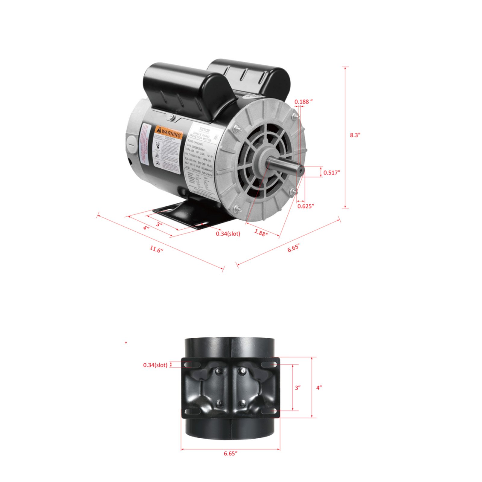 VEVOR 2HP SPL Air Compressor Electric Motor, 115/230V, 20/10 Amps, 56 Frame 3450RPM, 5/8" Keyed Shaft, 1.88" Shaft Length, Single Phase, CCW/CW (Factory Setting is CCW)