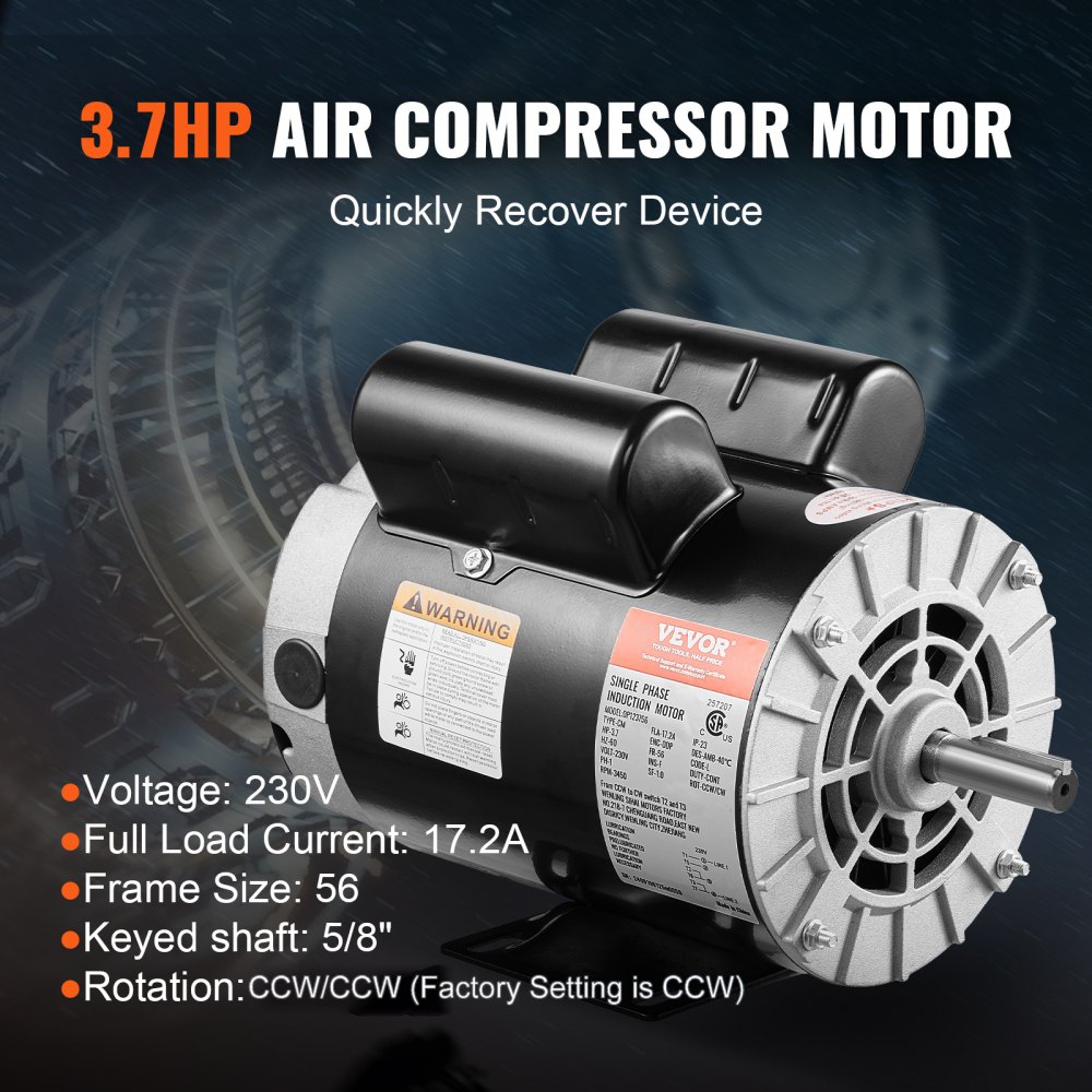 VEVOR 3.7HP Air Compressor Motor, 3450RPM Electric Motor, 230V 17.2 Amps, 5/8" Keyed Shaft 56 Frame, 1.88" Shaft Length, Single Phase, CCW/CW Rotation (Factory Setting is CCW)
