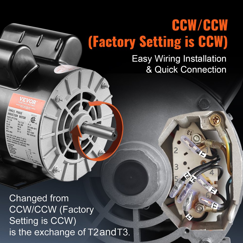 VEVOR 3.7HP Air Compressor Motor, 3450RPM Electric Motor, 230V 17.2 Amps, 5/8" Keyed Shaft 56 Frame, 1.88" Shaft Length, Single Phase, CCW/CW Rotation (Factory Setting is CCW)