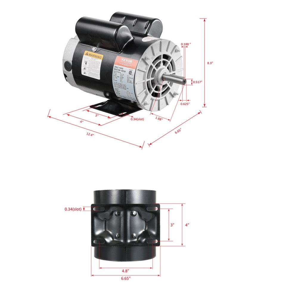 VEVOR 3.7HP Air Compressor Motor, 3450RPM Electric Motor, 230V 17.2 Amps, 5/8" Keyed Shaft 56 Frame, 1.88" Shaft Length, Single Phase, CCW/CW Rotation (Factory Setting is CCW)