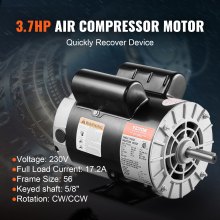 3.7HP Air Compressor Electric Motor 230V 17.2A 3450RPM 56 Frame CW/CCW Rotation