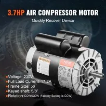 3.7HP Air Compressor Electric Motor 230V 17.2A 3450RPM 56 Frame CW/CCW Rotation (Factory Setting is CCW)