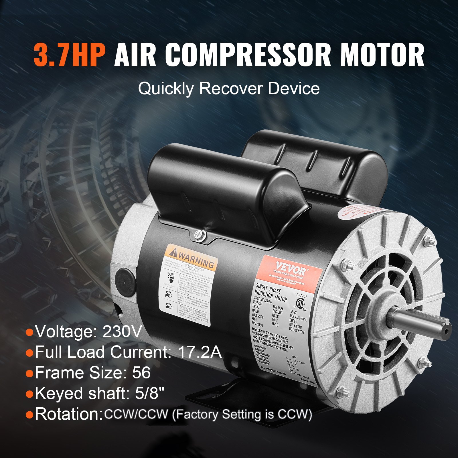 VEVOR 3.7HP Air Compressor Motor, 3450RPM Electric Motor, 230V 17.2 Amps, 5/8" Keyed Shaft 56 Frame, 1.88" Shaft Length, Single Phase, CCW/CW Rotation (Factory Setting is CCW)