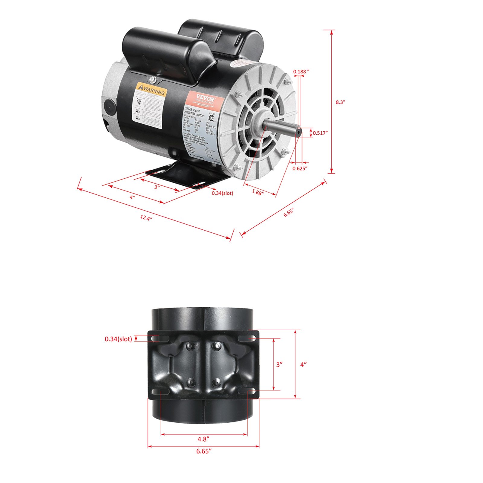 VEVOR 3.7HP Air Compressor Motor, 3450RPM Electric Motor, 230V 17.2 Amps, 5/8" Keyed Shaft 56 Frame, 1.88" Shaft Length, Single Phase, CCW/CW Rotation (Factory Setting is CCW)