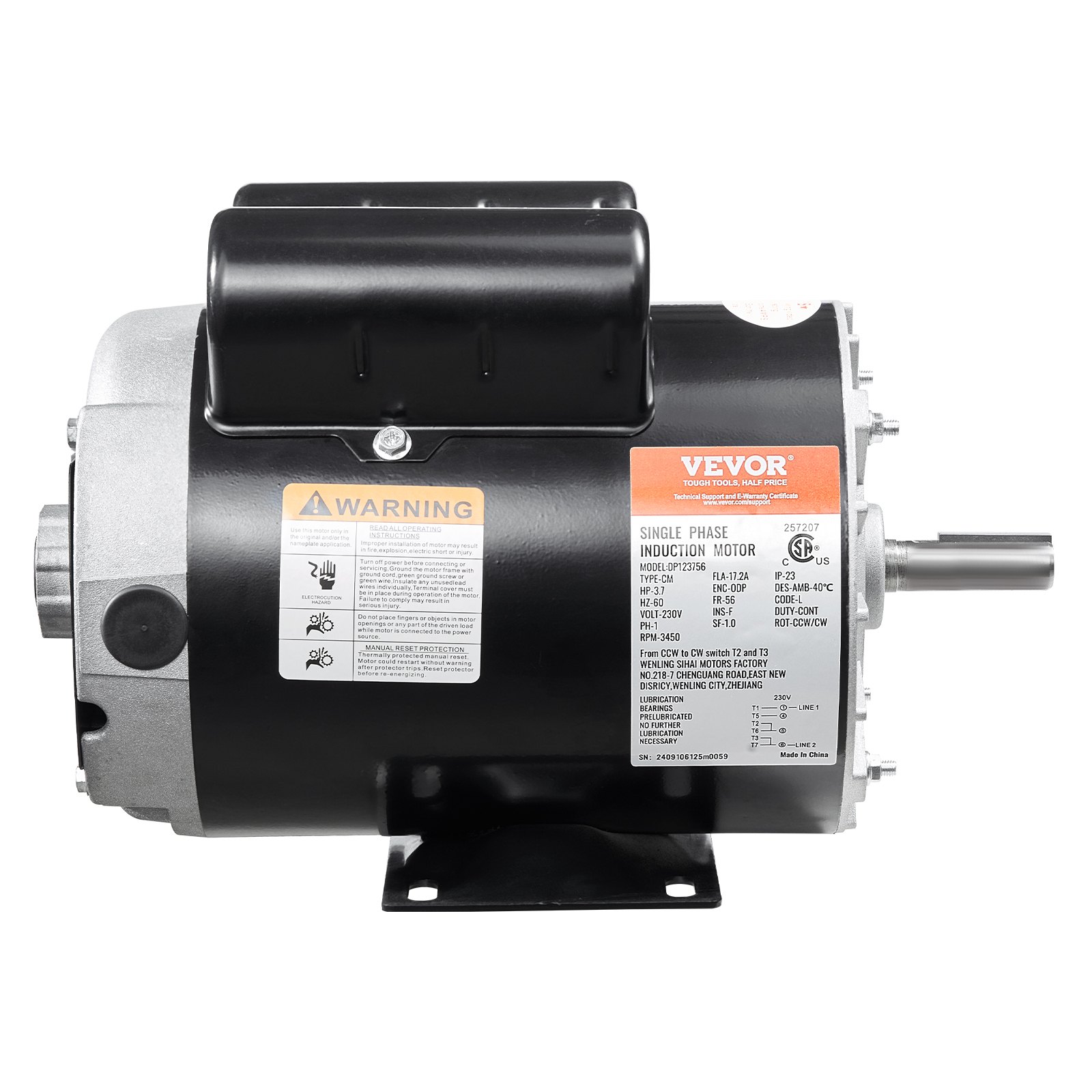 VEVOR 3.7HP Air Compressor Motor, 3450RPM Electric Motor, 230V 17.2 Amps, 5/8" Keyed Shaft 56 Frame, 1.88" Shaft Length, Single Phase, CCW/CW Rotation (Factory Setting is CCW)