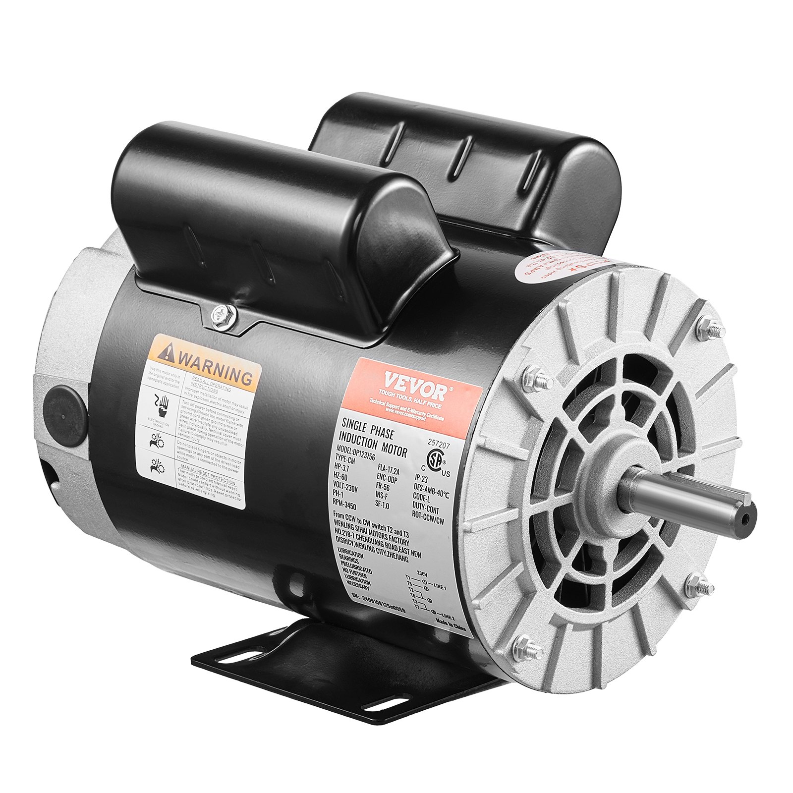 VEVOR 3.7HP Air Compressor Motor, 3450RPM Electric Motor, 230V 17.2 Amps, 5/8" Keyed Shaft 56 Frame, 1.88" Shaft Length, Single Phase, CCW/CW Rotation (Factory Setting is CCW)