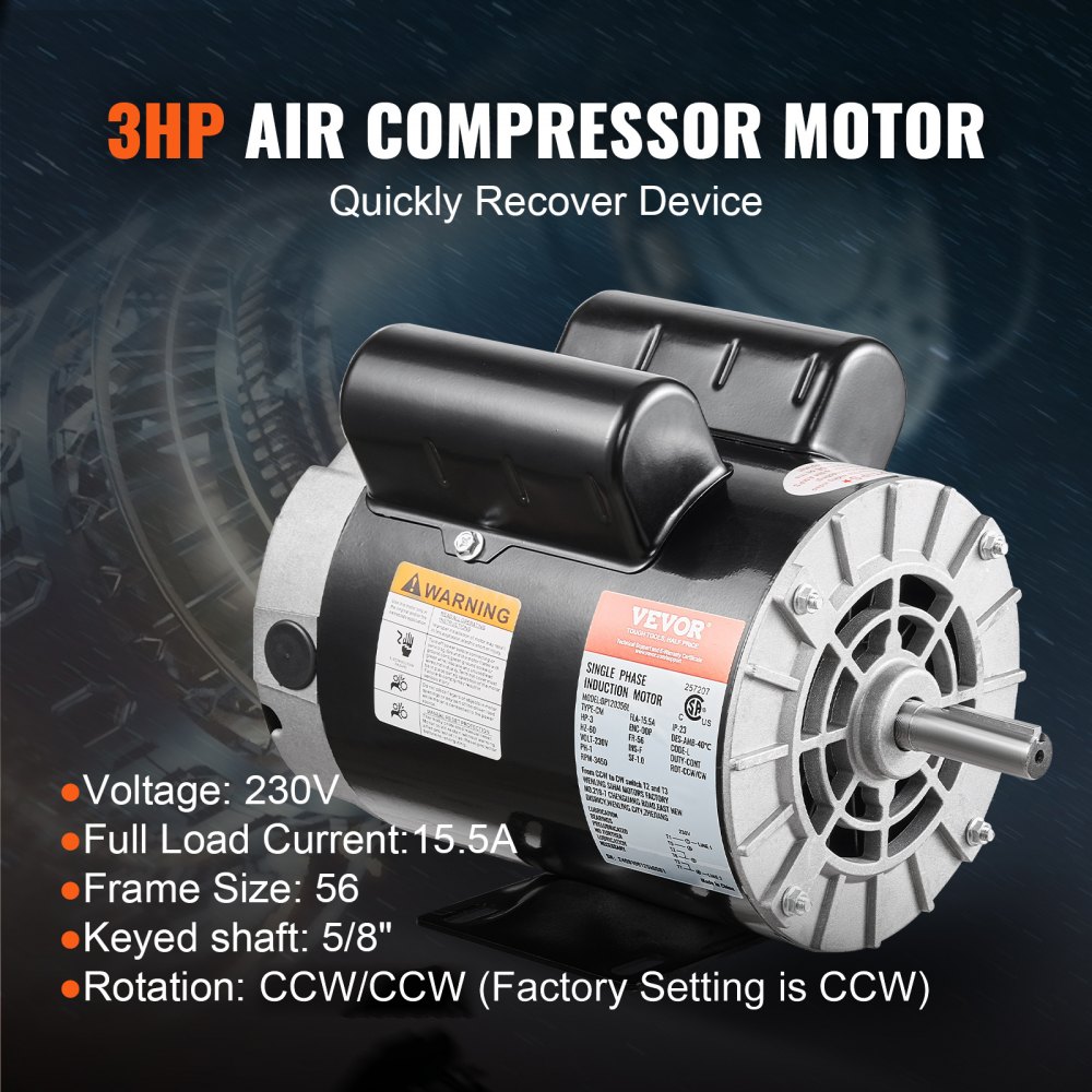 VEVOR 3HP Air Compressor Electric Motor, 230V 15.5 Amps, 56 Frame 3450RPM, 5/8" Keyed Shaft, 1.88" Shaft Length, Single Phase, CW/CCW Rotation (Factory Setting is CCW)