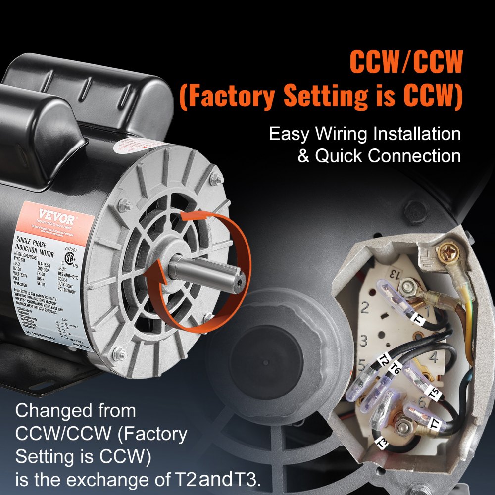 VEVOR 3HP Air Compressor Electric Motor, 230V 15.5 Amps, 56 Frame 3450RPM, 5/8" Keyed Shaft, 1.88" Shaft Length, Single Phase, CW/CCW Rotation (Factory Setting is CCW)