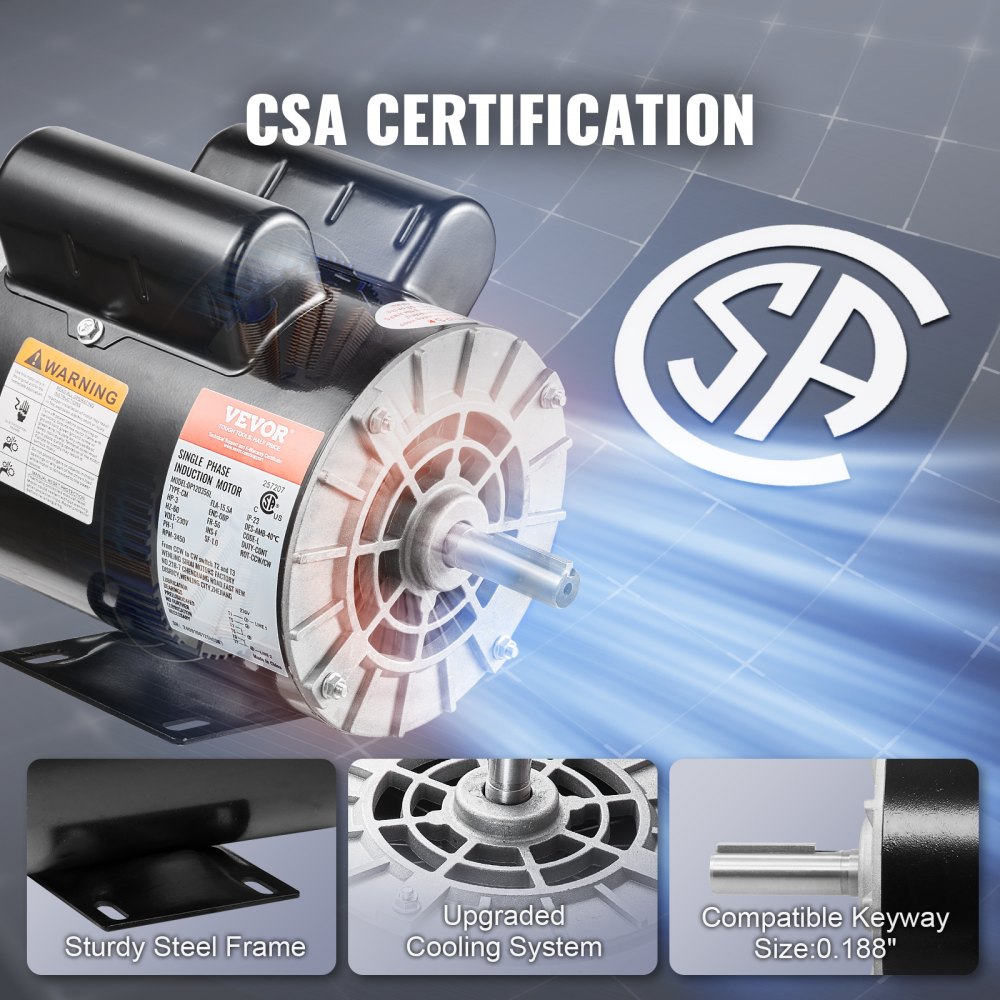 VEVOR 3HP Air Compressor Electric Motor, 230V 15.5 Amps, 56 Frame 3450RPM, 5/8" Keyed Shaft, 1.88" Shaft Length, Single Phase, CW/CCW Rotation (Factory Setting is CCW)