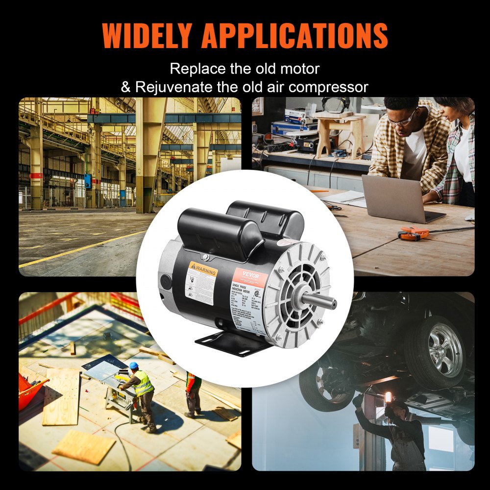 VEVOR 3HP Air Compressor Electric Motor, 230V 15.5 Amps, 56 Frame 3450RPM, 5/8" Keyed Shaft, 1.88" Shaft Length, Single Phase, CW/CCW Rotation (Factory Setting is CCW)