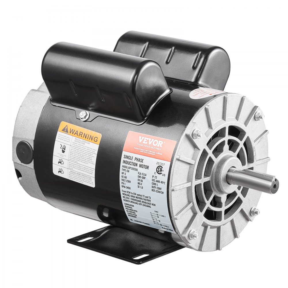 VEVOR 3HP Air Compressor Electric Motor, 230V 15.5 Amps, 56 Frame 3450RPM, 5/8" Keyed Shaft, 1.88" Shaft Length, Single Phase, CW/CCW Rotation (Factory Setting is CCW)