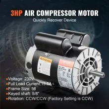 3HP Air Compressor Electric Motor 230V 15.5A 3450RPM 56 Frame CW/CCW Rotation (Factory Setting is CCW)