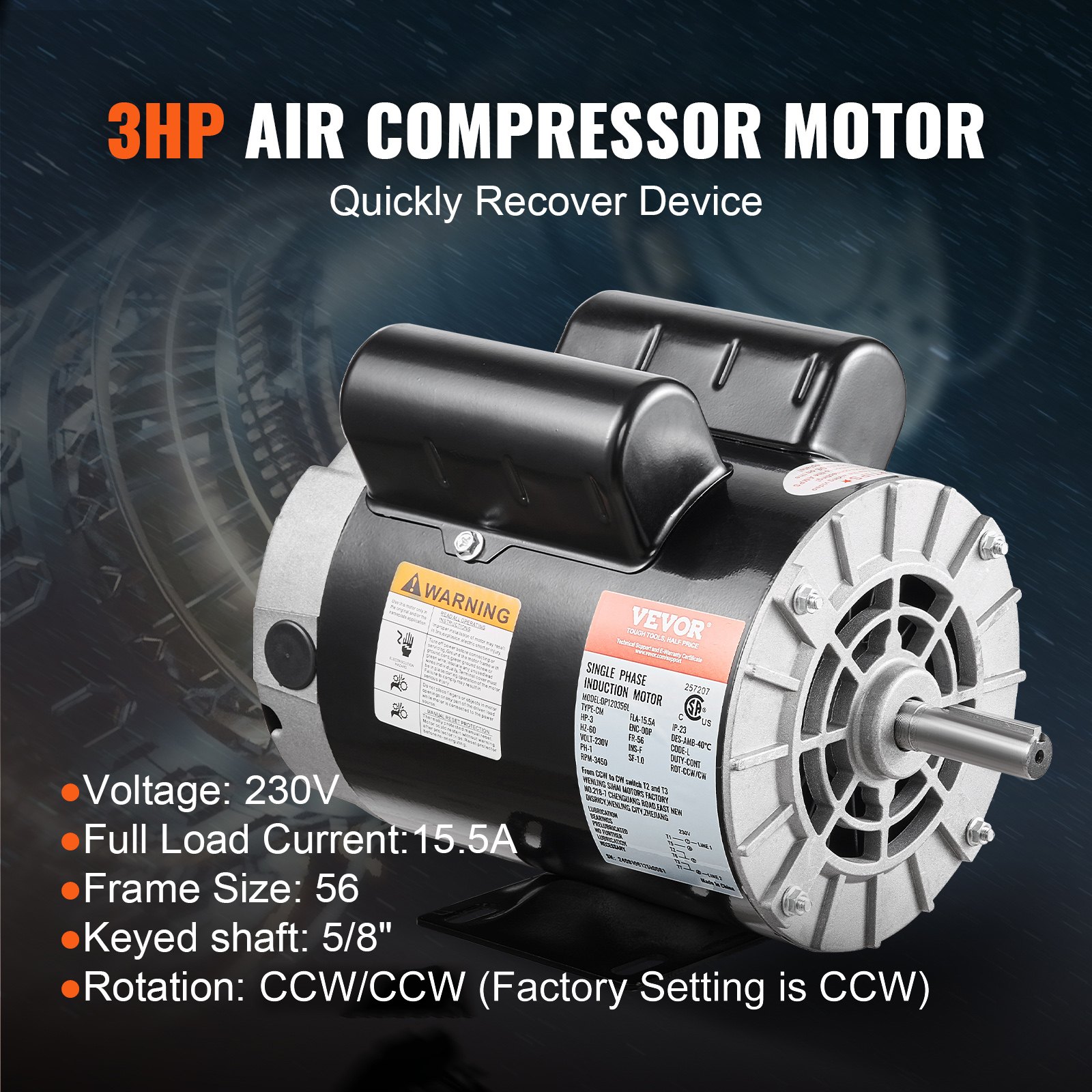 VEVOR 3HP Air Compressor Electric Motor, 230V 15.5 Amps, 56 Frame 3450RPM, 5/8" Keyed Shaft, 1.88" Shaft Length, Single Phase, CW/CCW Rotation (Factory Setting is CCW)