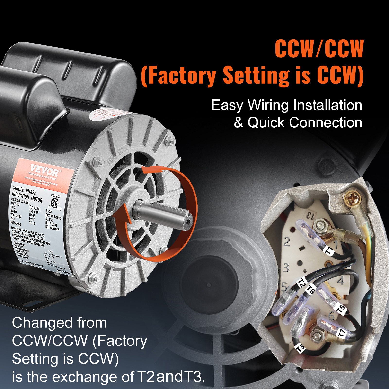 VEVOR 3HP Air Compressor Electric Motor, 230V 15.5 Amps, 56 Frame 3450RPM, 5/8" Keyed Shaft, 1.88" Shaft Length, Single Phase, CW/CCW Rotation (Factory Setting is CCW)