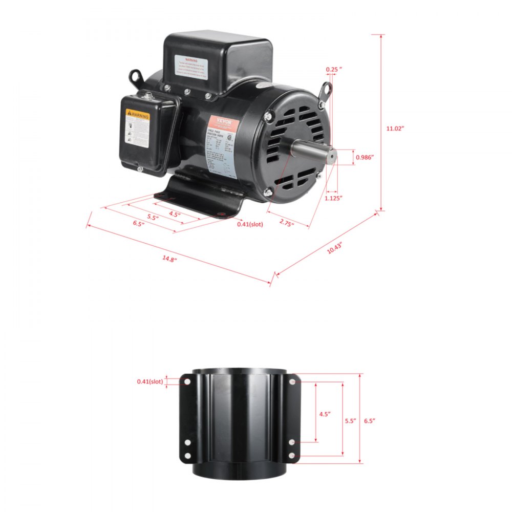 VEVOR 5HP Air Compressor Electric Motor, 230V 25 Amps, 56HZ Frame 3450RPM, 7/8" Keyed Shaft, 2.25" Shaft Length, Single Phase, CCW/CW (Factory Setting is CCW)