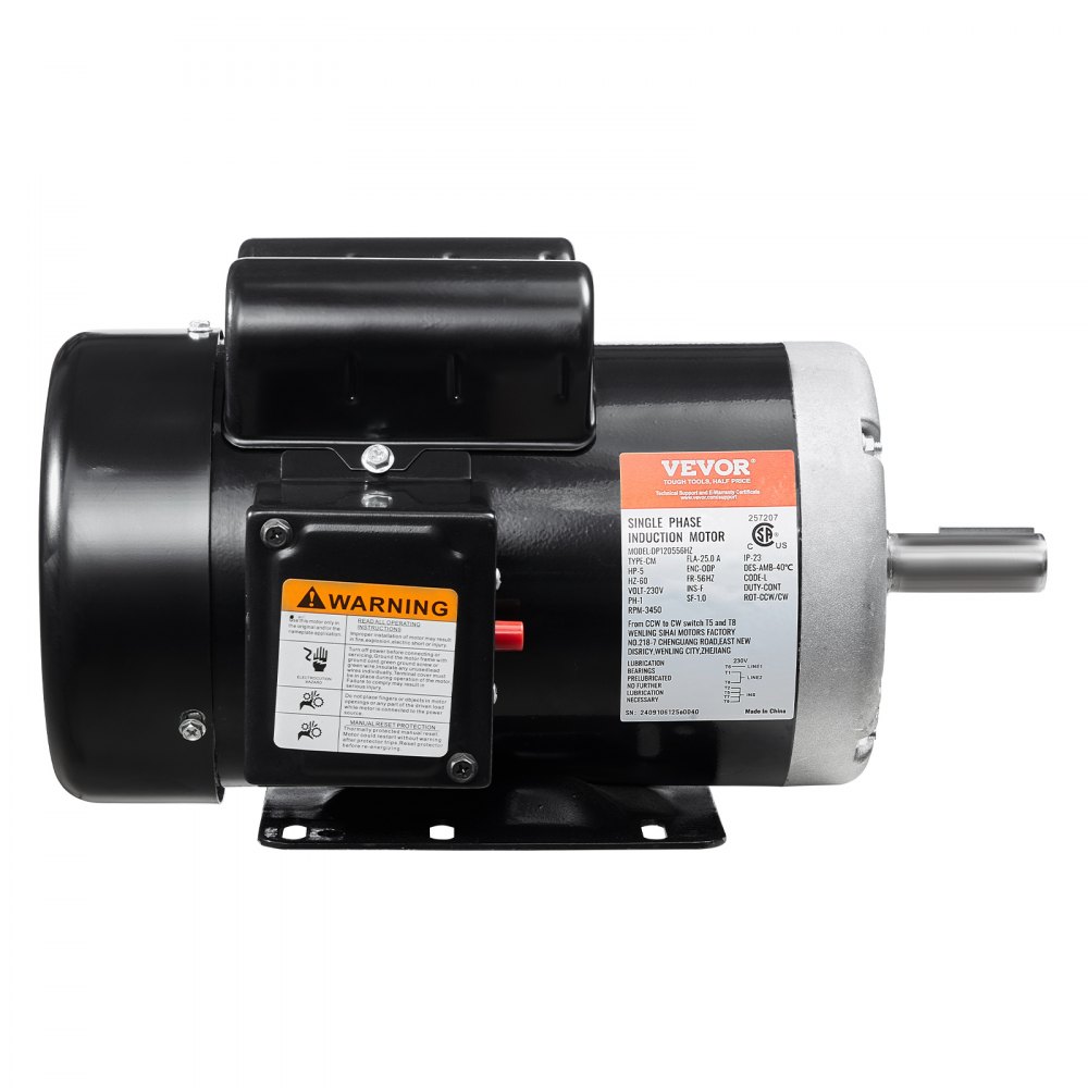 VEVOR 5HP Air Compressor Electric Motor, 230V 25 Amps, 56HZ Frame 3450RPM, 7/8" Keyed Shaft, 2.25" Shaft Length, Single Phase, CCW/CW (Factory Setting is CCW)