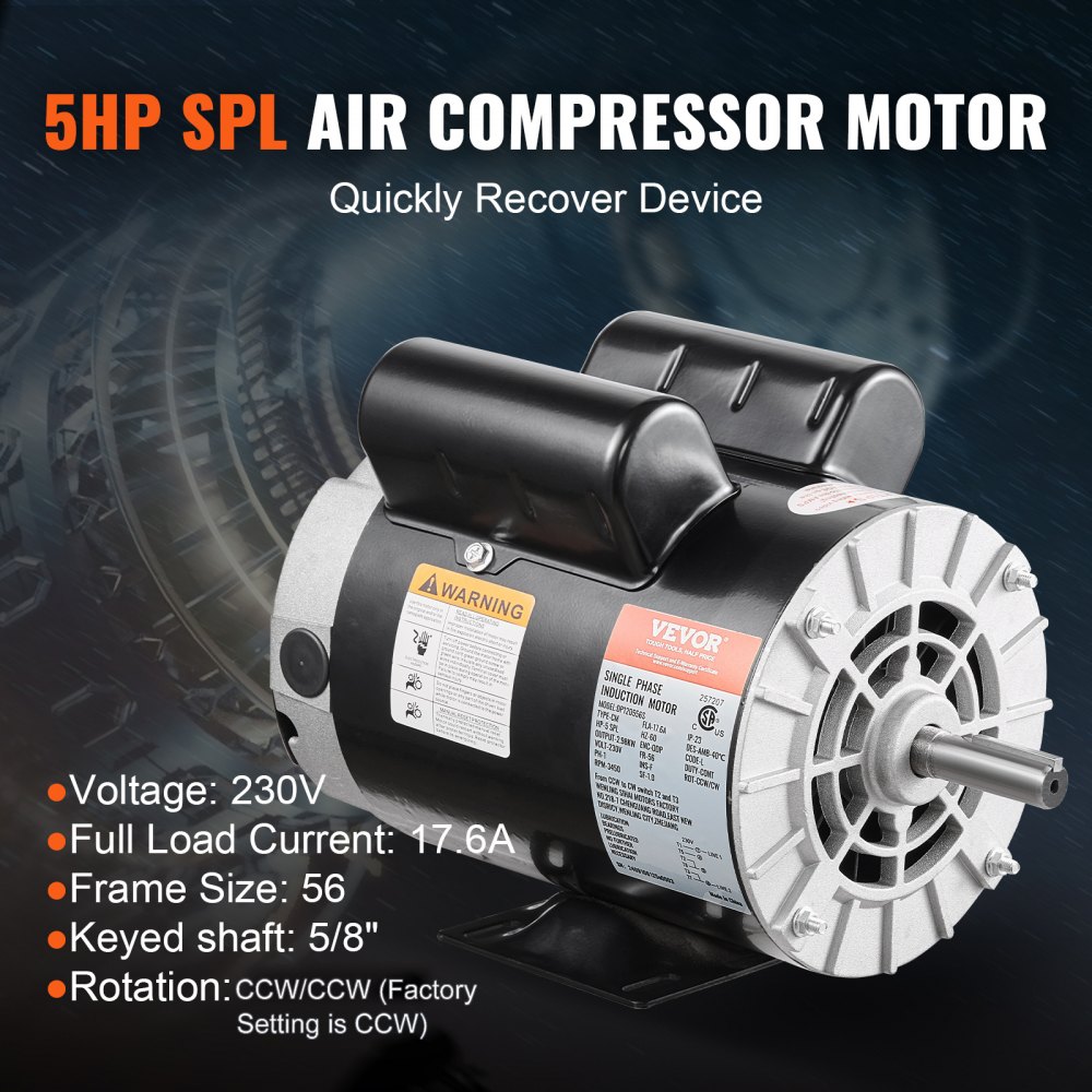 VEVOR 5HP SPL Air Compressor Electric Motor, 230V 17.6Amps, 56 Frame 3450RPM, 5/8" Keyed Shaft, 1.88" Shaft Length, CW/CCW Rotation (Factory Setting is CCW), Single Phase
