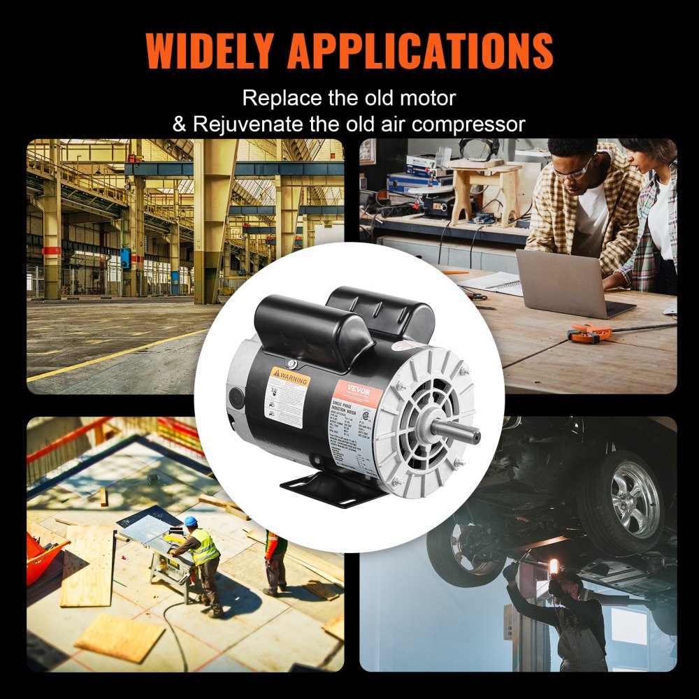 VEVOR 5HP SPL Air Compressor Electric Motor, 230V 17.6Amps, 56 Frame 3450RPM, 5/8" Keyed Shaft, 1.88" Shaft Length, CW/CCW Rotation (Factory Setting is CCW), Single Phase