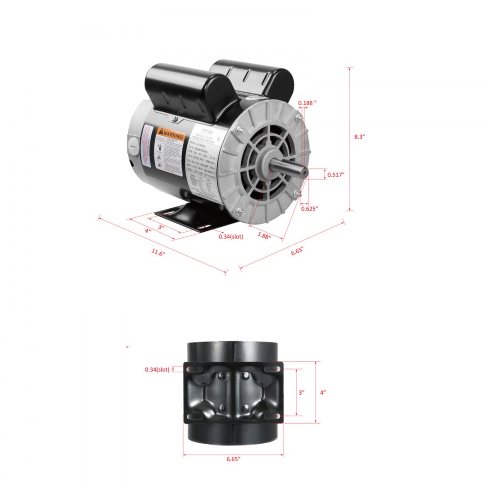 VEVOR 5HP SPL Air Compressor Electric Motor, 230V 17.6Amps, 56 Frame 3450RPM, 5/8" Keyed Shaft, 1.88" Shaft Length, CW/CCW Rotation (Factory Setting is CCW), Single Phase