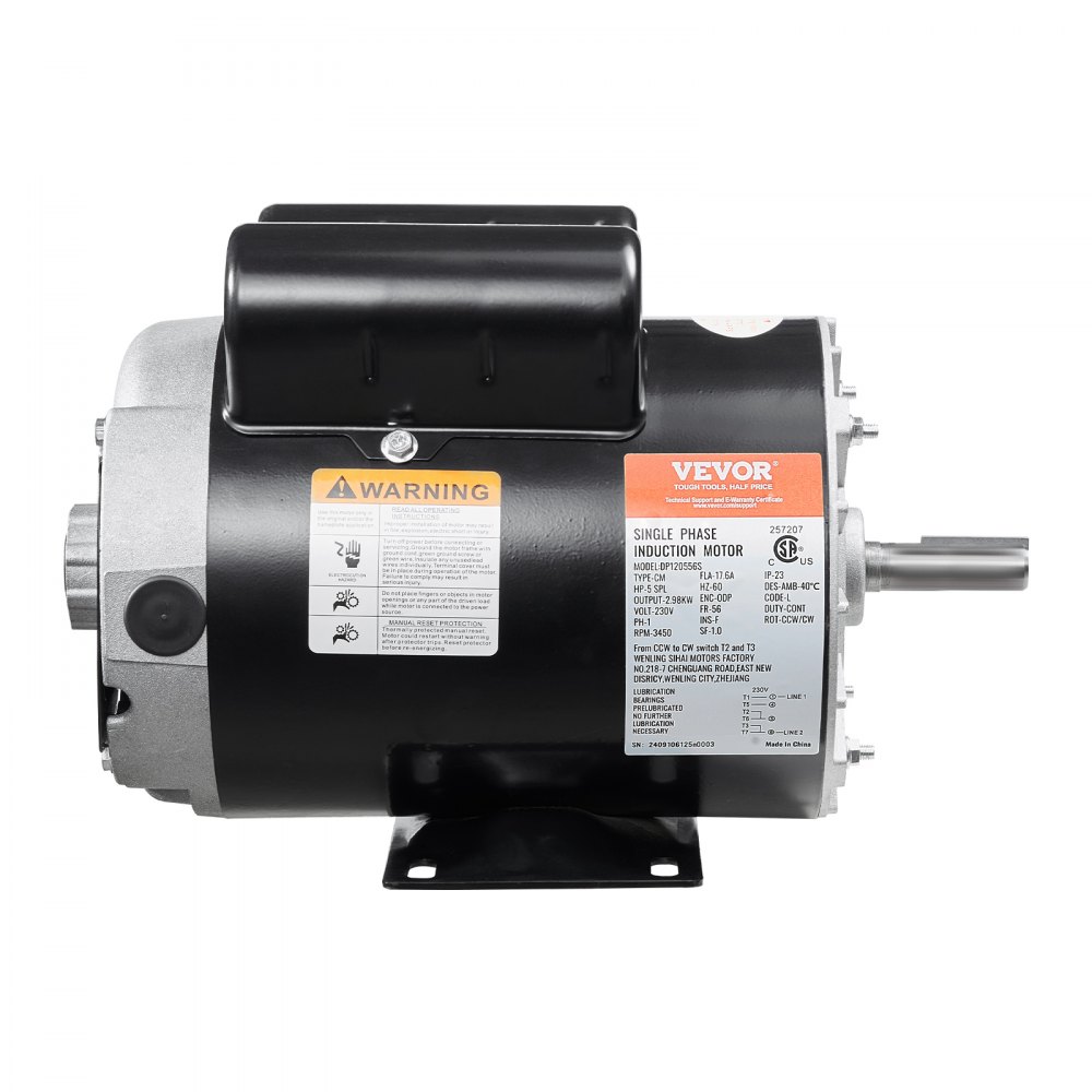 VEVOR 5HP SPL Air Compressor Electric Motor, 230V 17.6Amps, 56 Frame 3450RPM, 5/8" Keyed Shaft, 1.88" Shaft Length, CW/CCW Rotation (Factory Setting is CCW), Single Phase