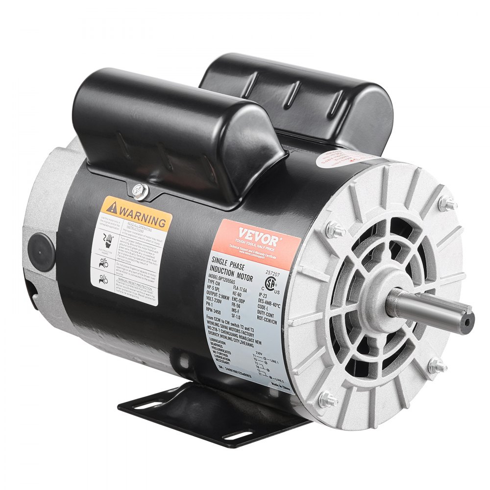 VEVOR 5HP SPL Air Compressor Electric Motor, 230V 17.6Amps, 56 Frame 3450RPM, 5/8" Keyed Shaft, 1.88" Shaft Length, CW/CCW Rotation (Factory Setting is CCW), Single Phase