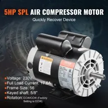 5HP SPL Air Compressor Motor 230V 17.6A 3450RPM 56 Frame CW/CCW Rotation (Factory Setting is CCW)